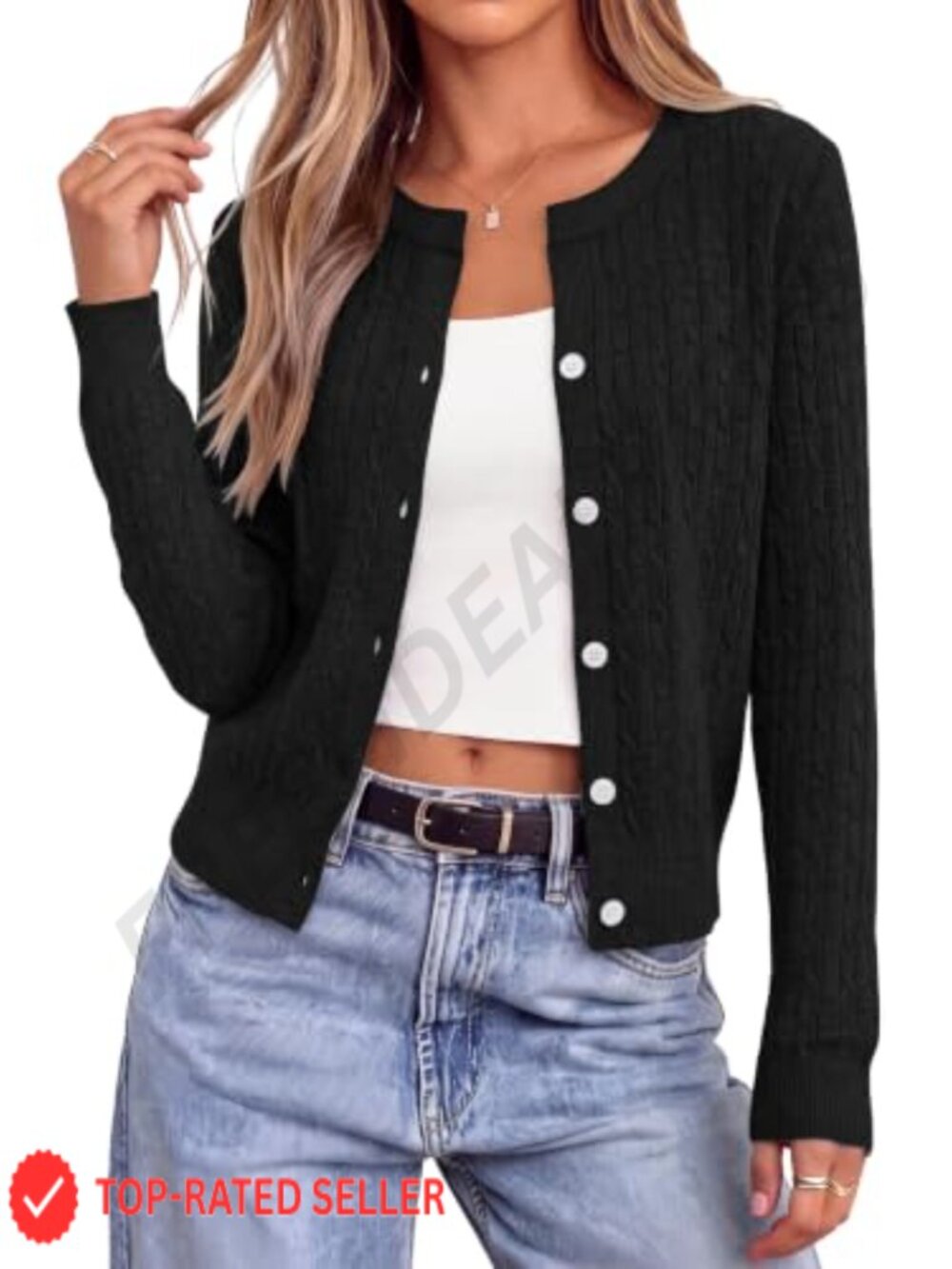 Womens Cable Knit Cropped Cardigan V Neck Button Down Sweater